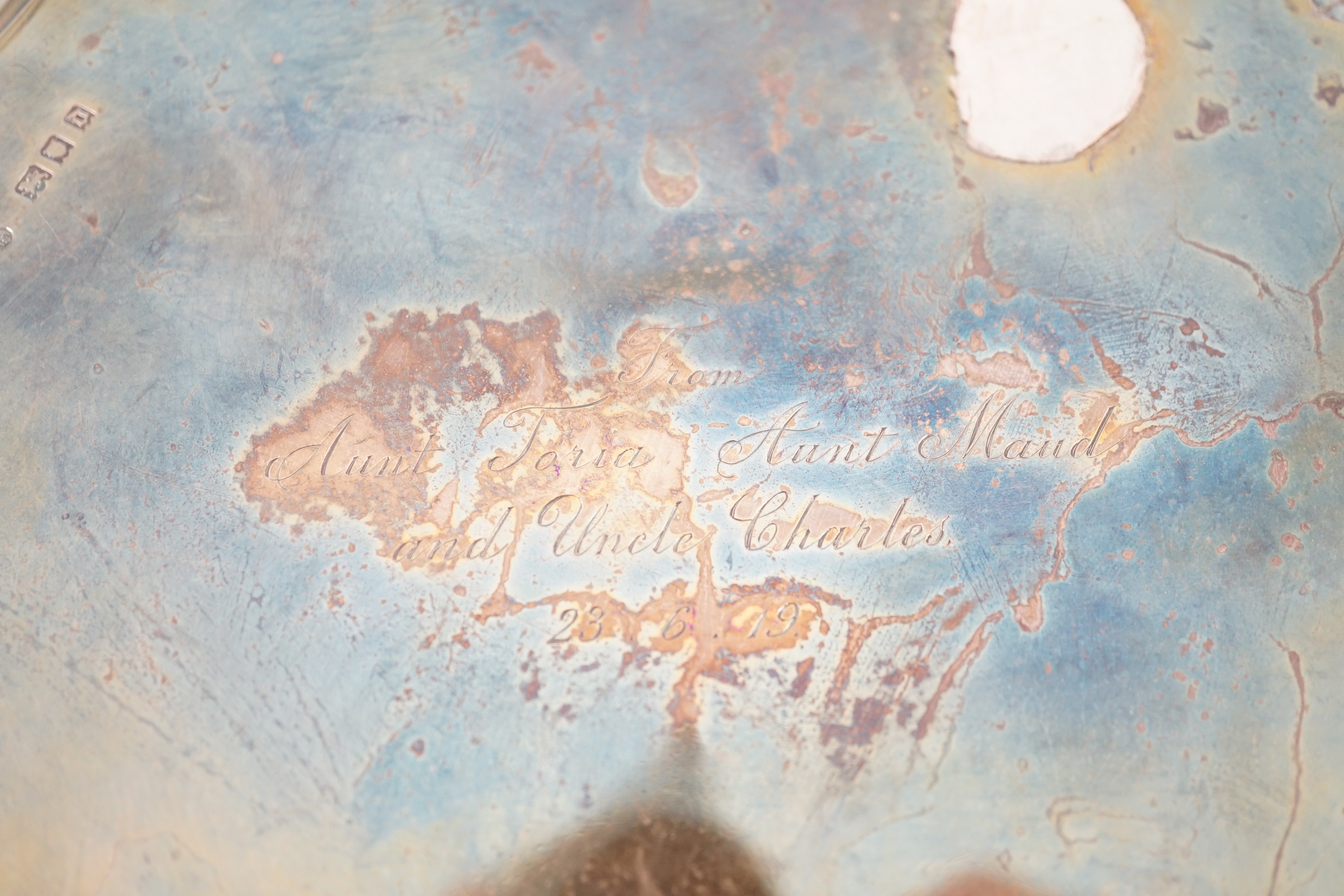 A George V silver waiter, by Charles Stuart Harris & Sons, with engraved Royal presentation inscription, ' From Aunt Toria, Aunt Maud & Uncle Charles, 28.6.19'